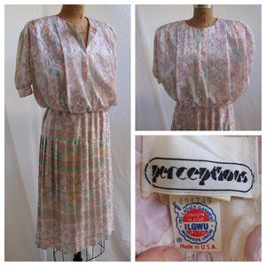 vtg 80s PERCEPTIONS Floral Pleated Skirt Elastic Waist Dress Union Secretary 7/8